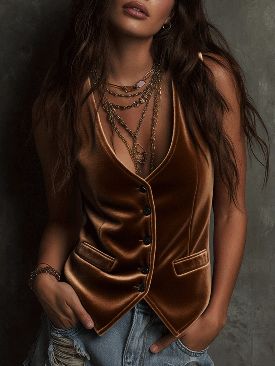 Retro Bohemian Bright Pink Velvet Vest