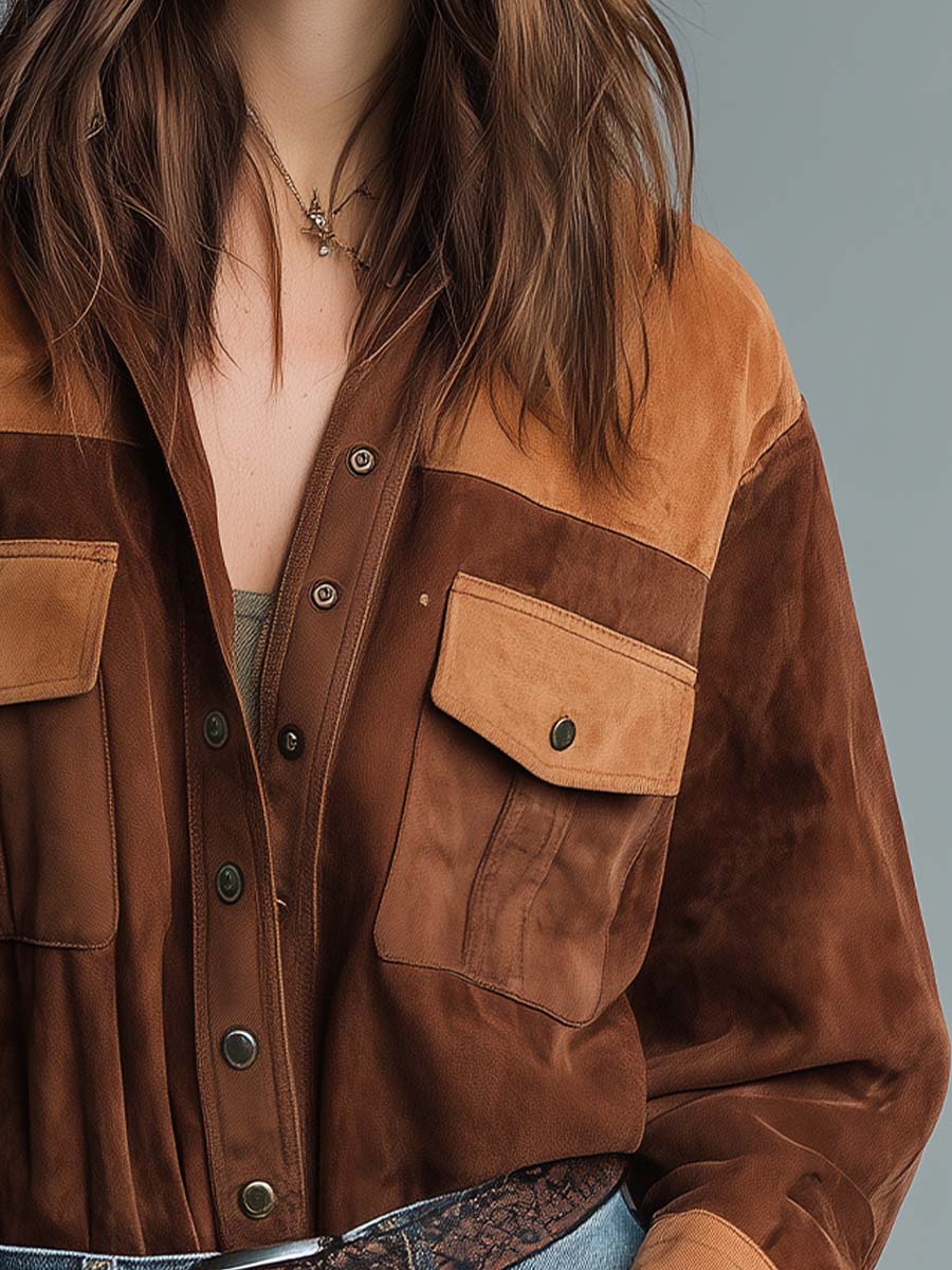 Vintage Suede Patchwork Shirt – Two-Tone Western Style