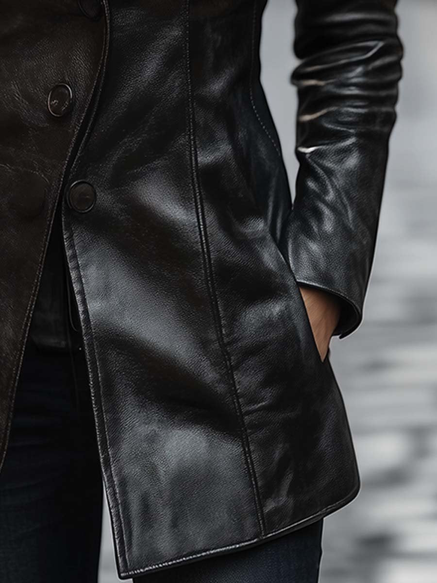 Vintage Lapel Button Faux Leather Jacket