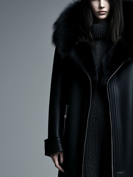 Women Fur Trim Warm Lined Hooded Eco Leather Trench Coat