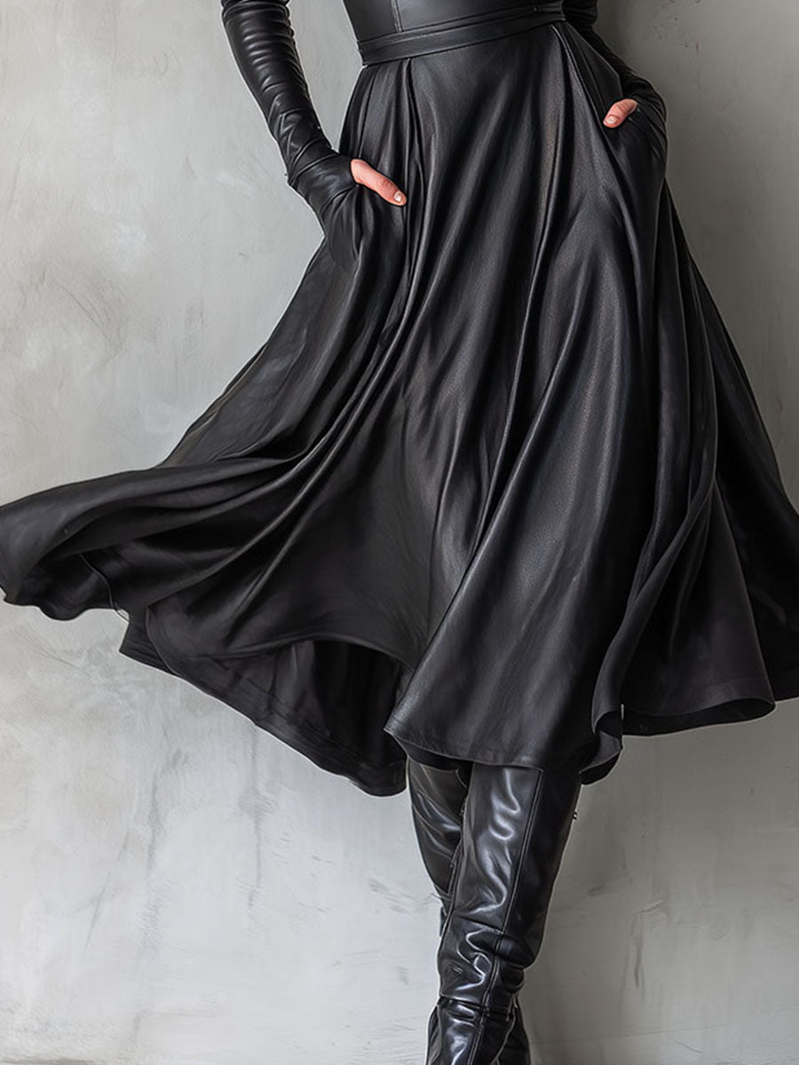 Elegant Black Eco Leather Fit And Flare Midi Dress With Pockets