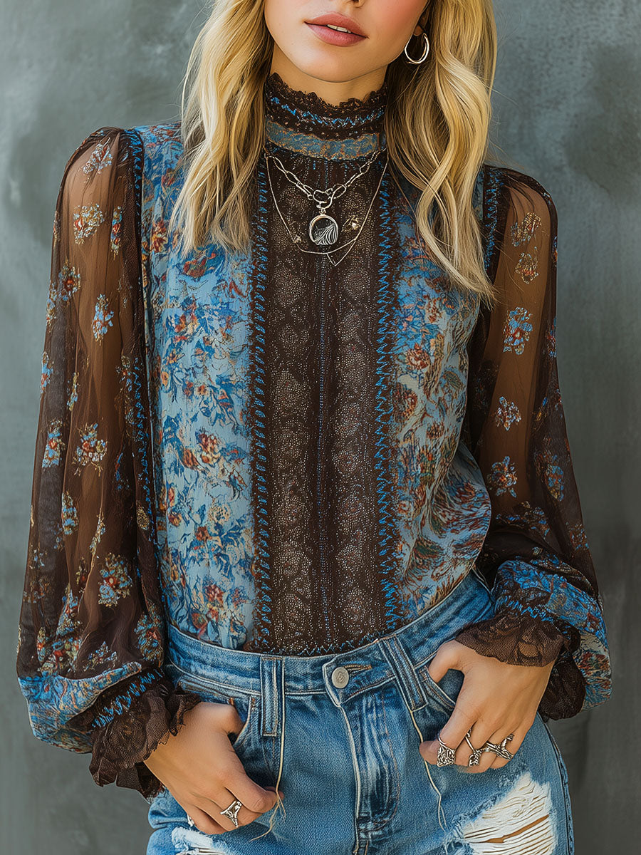 Vintage Boho Floral High Neck Sheer Lace Blouse With Puff Sleeve