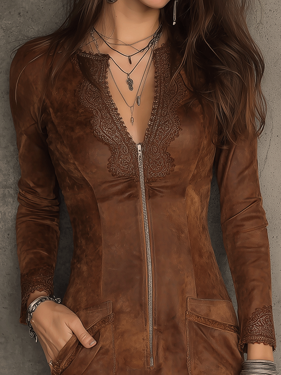 Vintage Caramel Brown Lace Trim And Zip Front Suede Mini Dress
