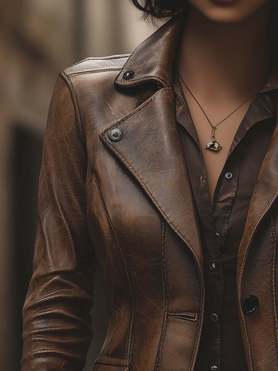 Women's Vintage Lapel Pocket Faux Leather Jacket
