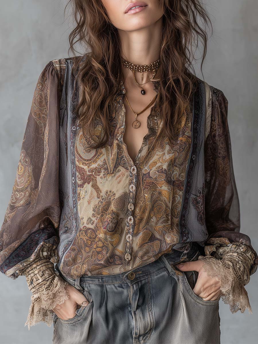 Vintage Paisley Sheer Blouse With Lace Cuff Detailing