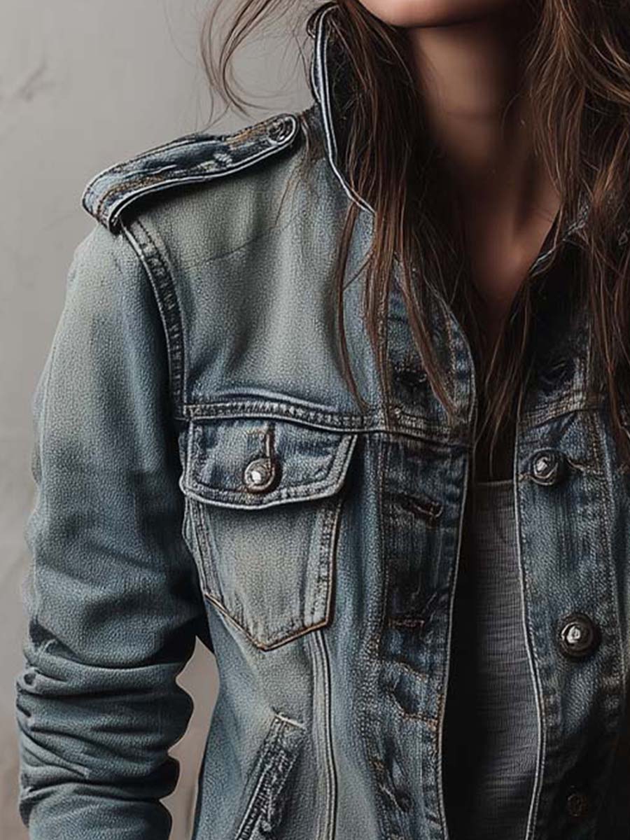 Washed And Faded Utility Denim Jacket With Epaulettes