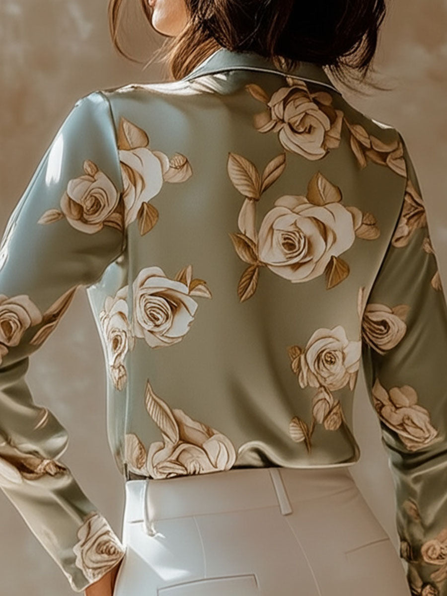 Elegant Lapel Rose Pattern Side Button Down Satin Shirt