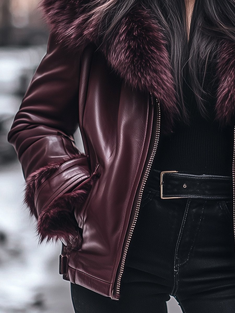 Vintage Fur Collar Zip-lined Leather Jacket