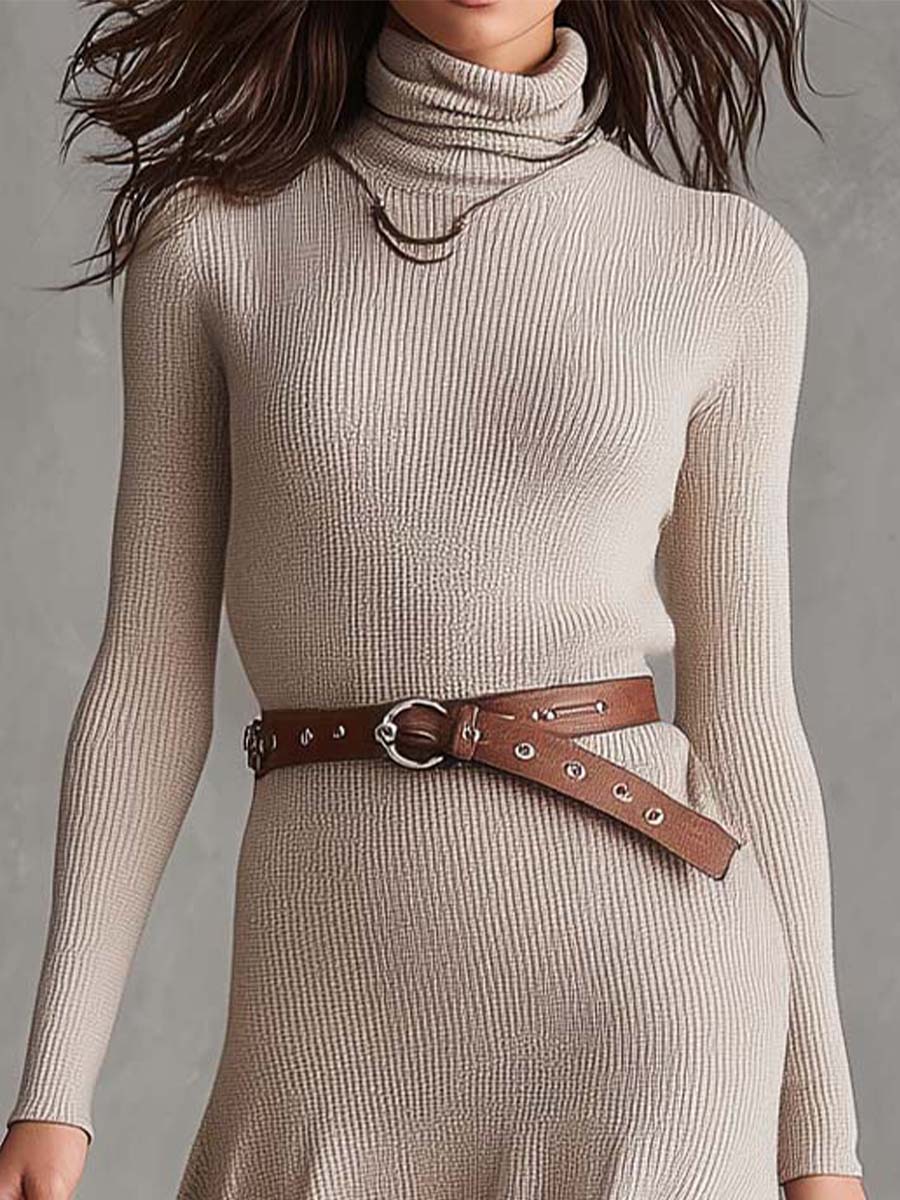 Beige Turtleneck Knit Midi Dress With Belt