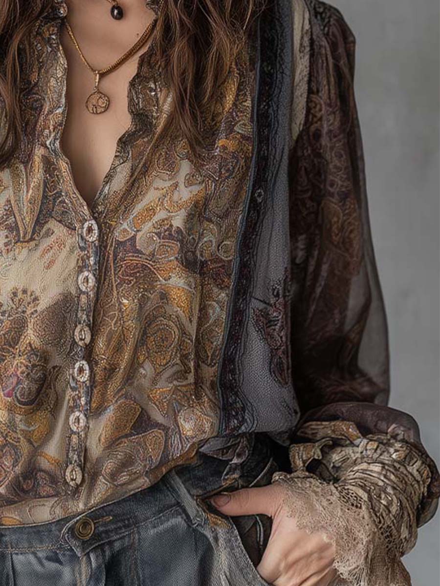 Vintage Paisley Sheer Blouse With Lace Cuff Detailing