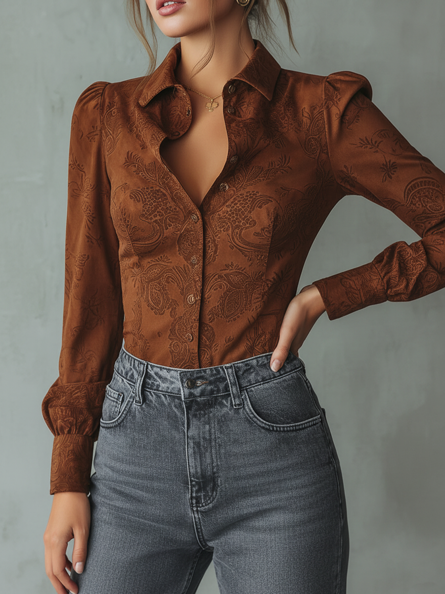 Retro Paisley Eco-friendly Suede Long-sleeved Blouse