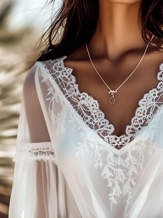 Romantic Soft White Sheer Lace Trimmed Blouse