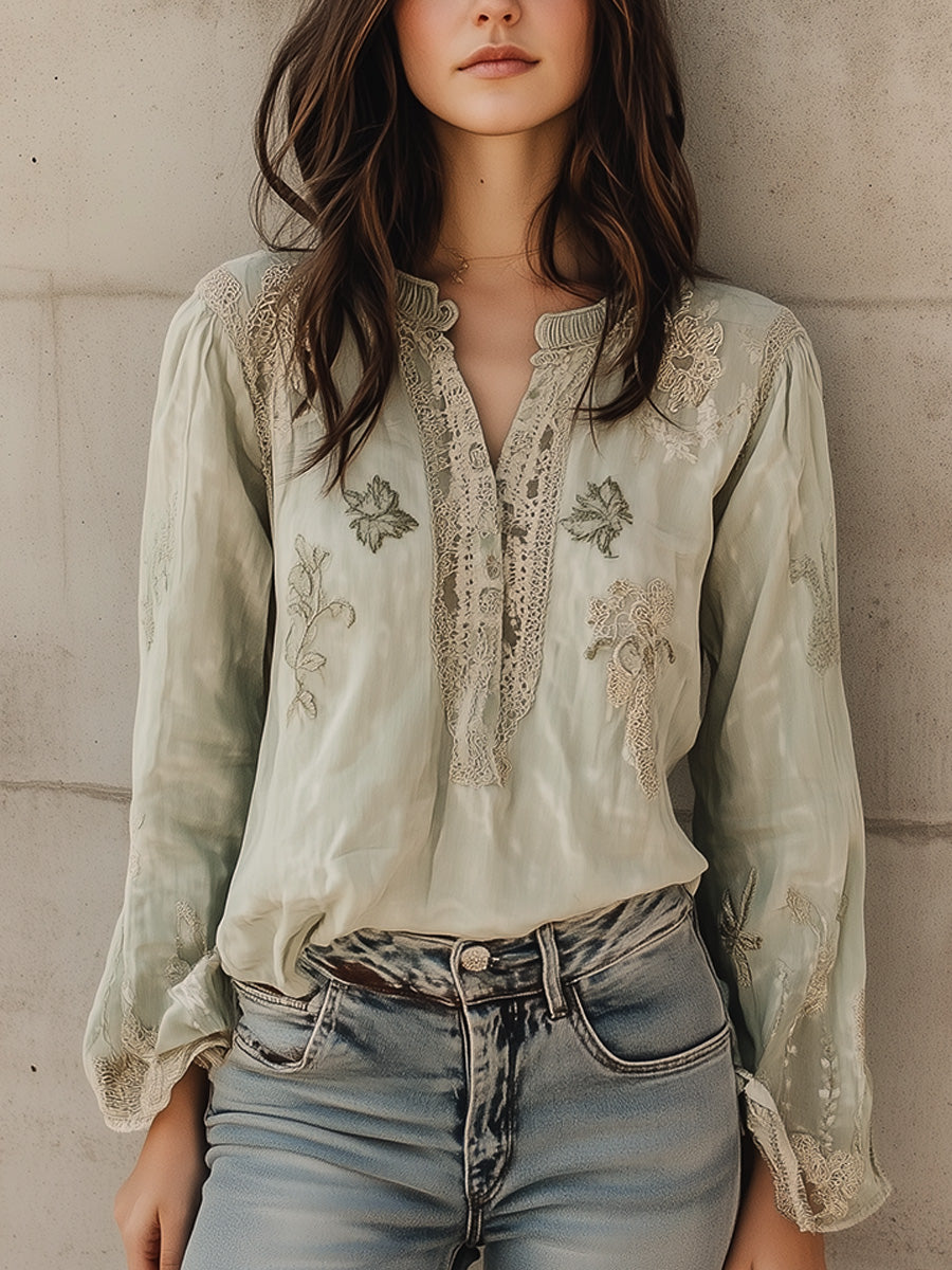 Vintage Green Cotton and Linen Embroidered Henley Collar Shirt