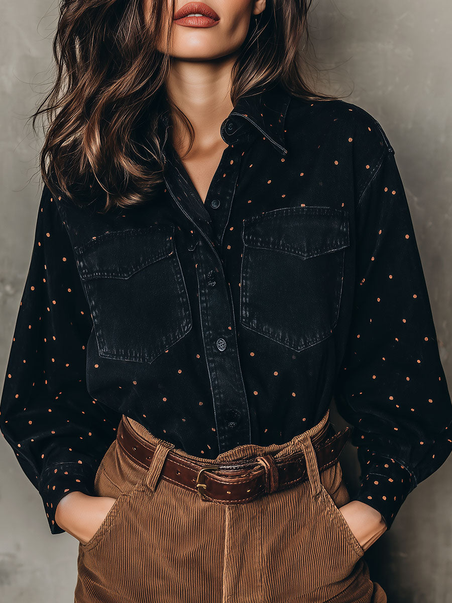 Black Denim Polka Dot Button-Up Shirt With Chest Pockets