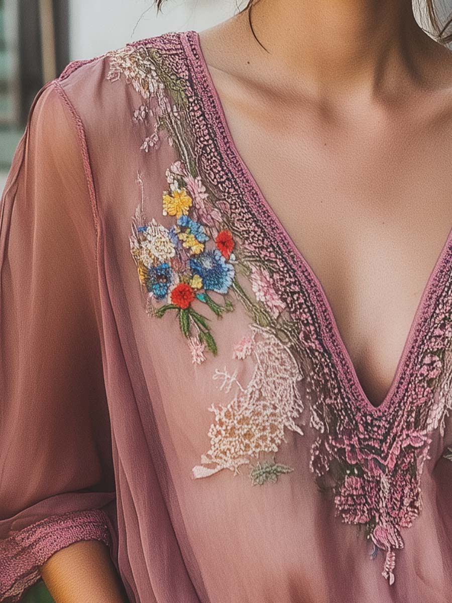 Elegant Gray Purple Floral Embroidery Half Sleeve Chiffon Shirt