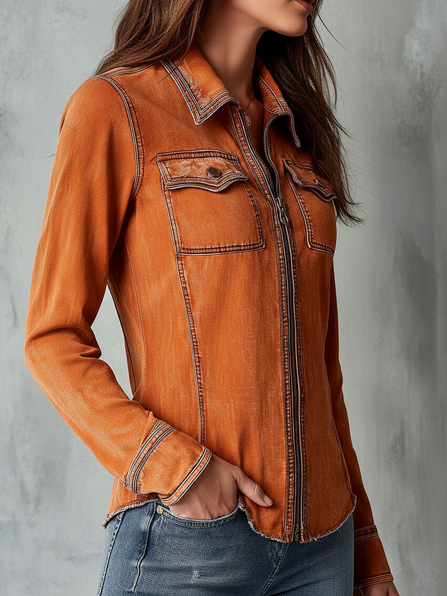 Vintage Burnt Orange Utility Zip Denim Jacket