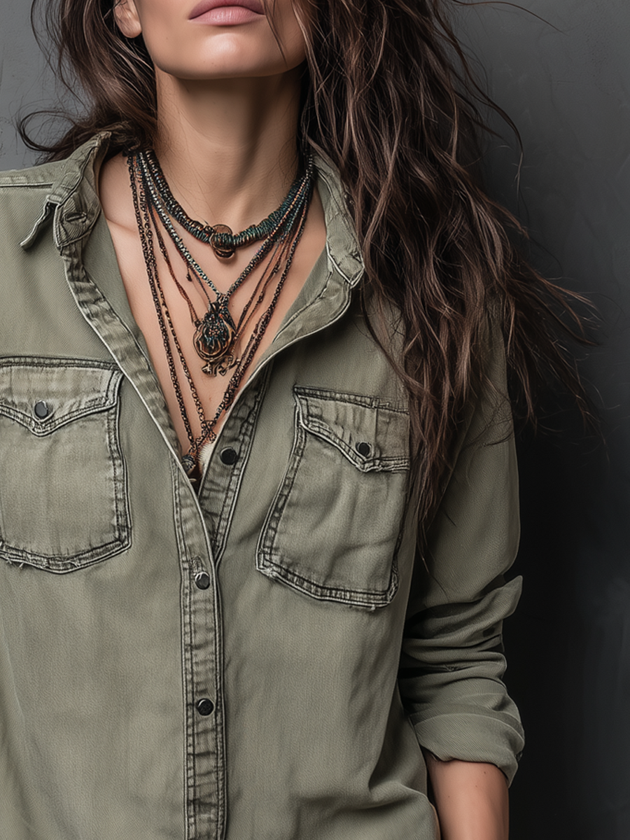 Vintage Pockets Long Sleeve Washed Blouse