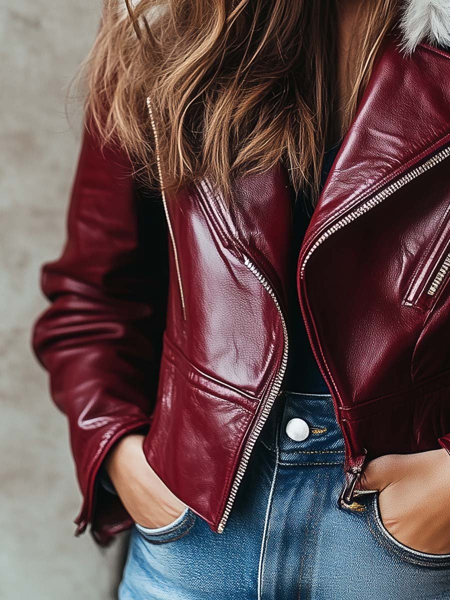 Women's Vintage Fur Collar Zipper Leather Jacket