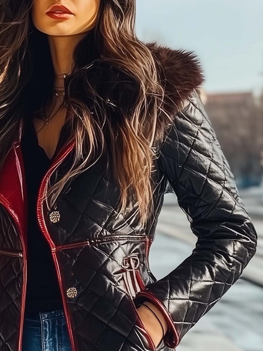 Women's Vintage Fur Collar Contrasting Colors Quilted Coat