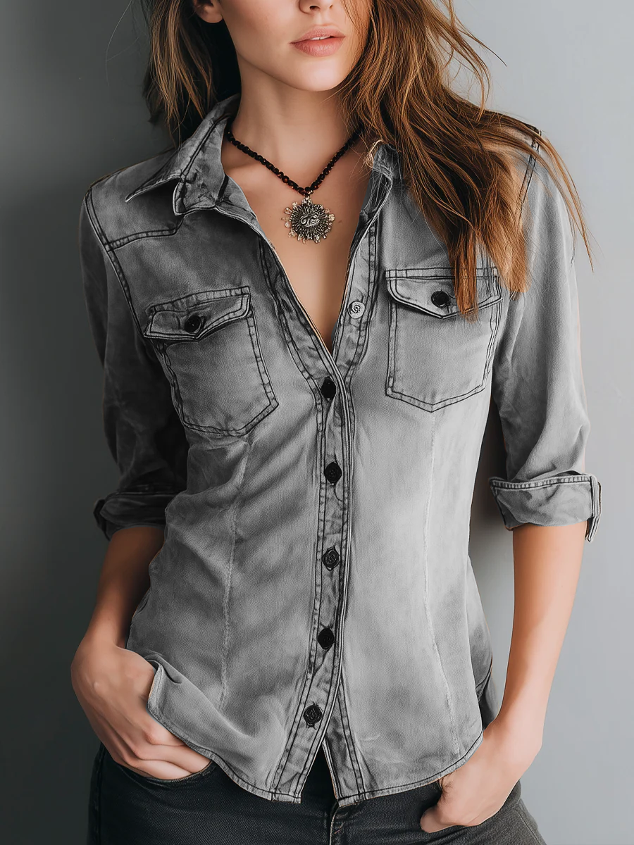 Retro Washed Contrast Stitching Blouse