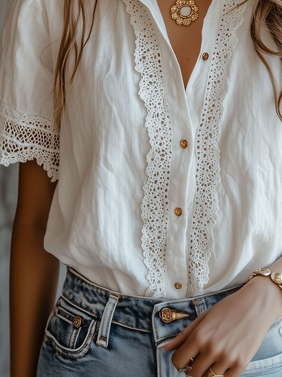 Vintage-Inspired Lace Trim White Blouse