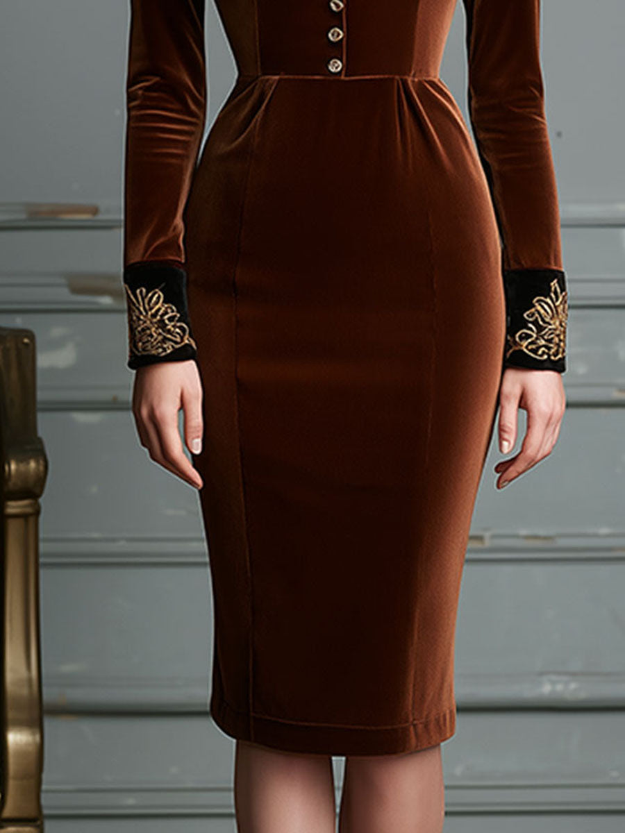 Vintage Velvet Embroidered Bodycon Midi Dress With Constact Collar And Cuffs