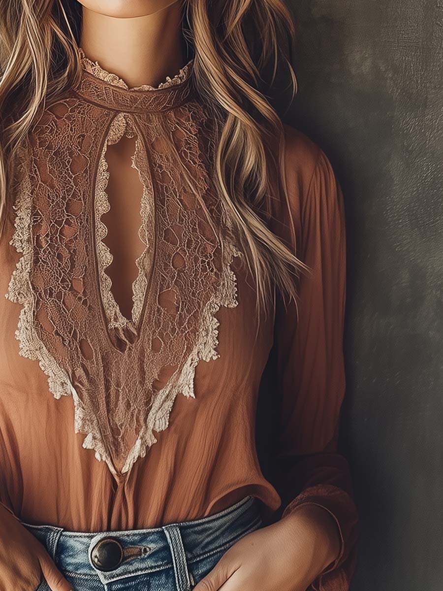 Elegant Keyhole Lace-Accent Blouse in Warm Cinnamon