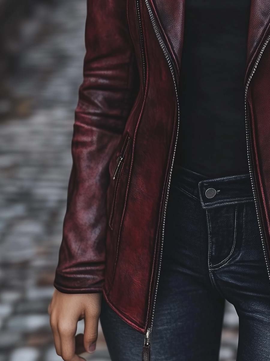 Women's Vintage Jacket Zipper Pocket Faux Leather Jacket