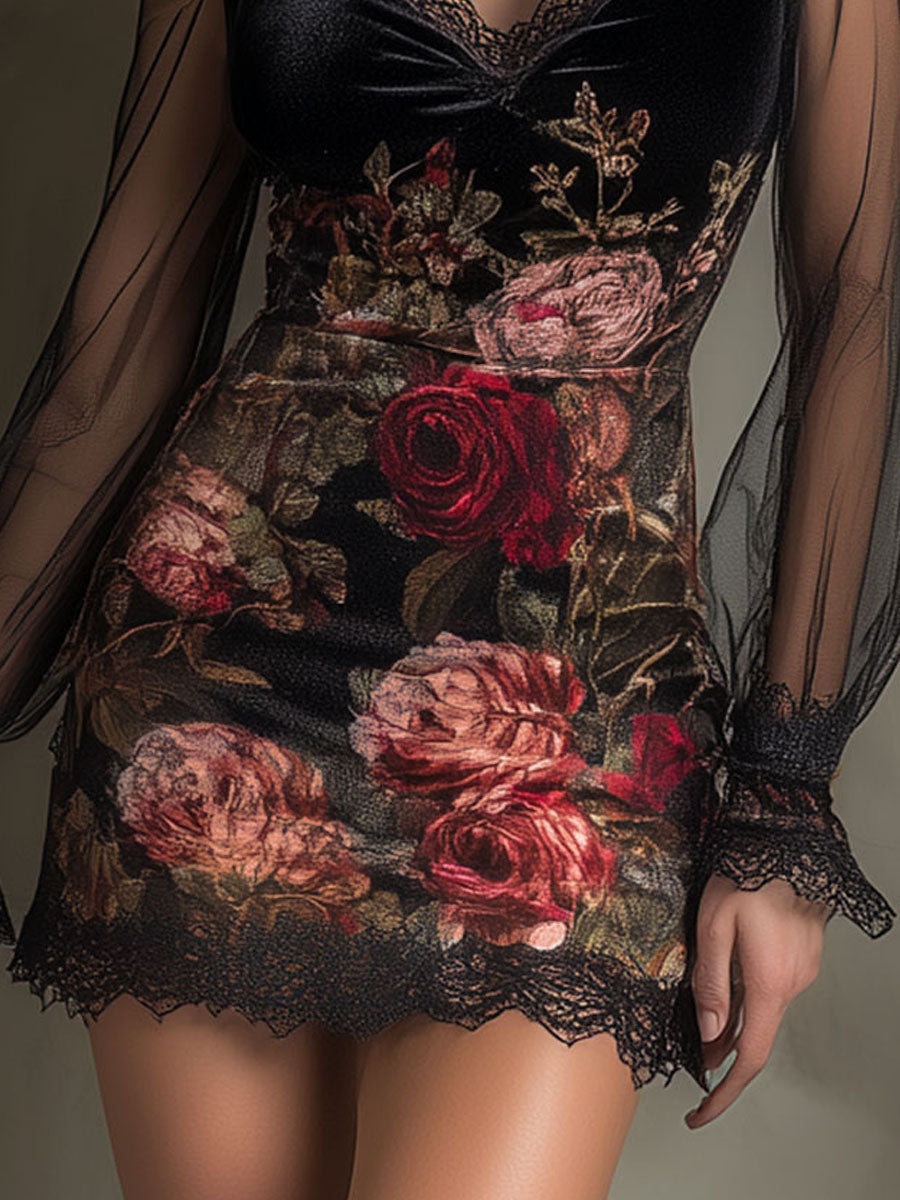 Velvet Rose Print Sheer Patchwork Mini Dress With Lace Trim