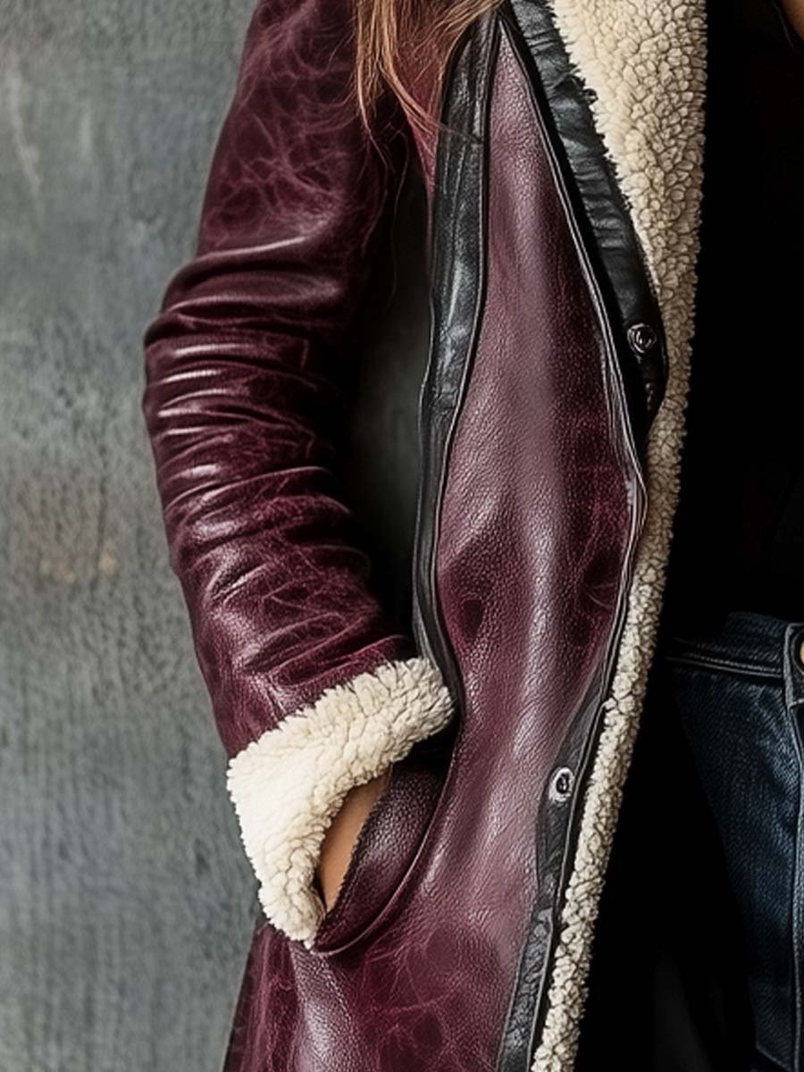 Women's Vintage Burgundy Lambskin Faux Leather Coat