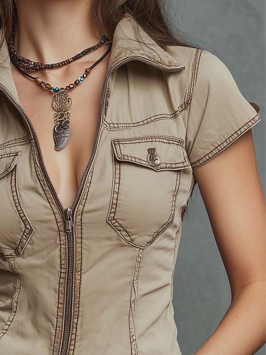 Khaki Zip-Front Utility Top